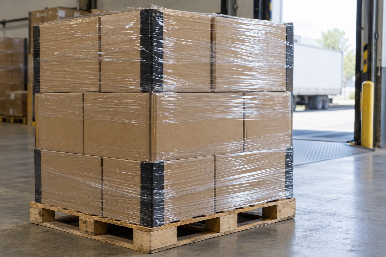 Illustrative wrapped cartons with black corner protectors on a wooden pallet