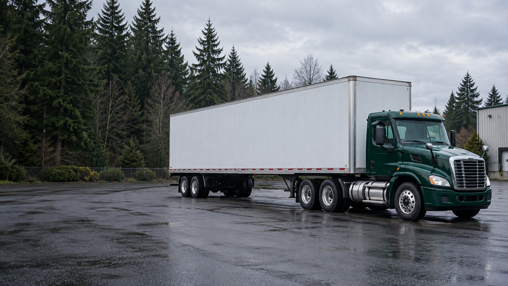Illustrative green tractor and white trailer parked beside evergreen trees