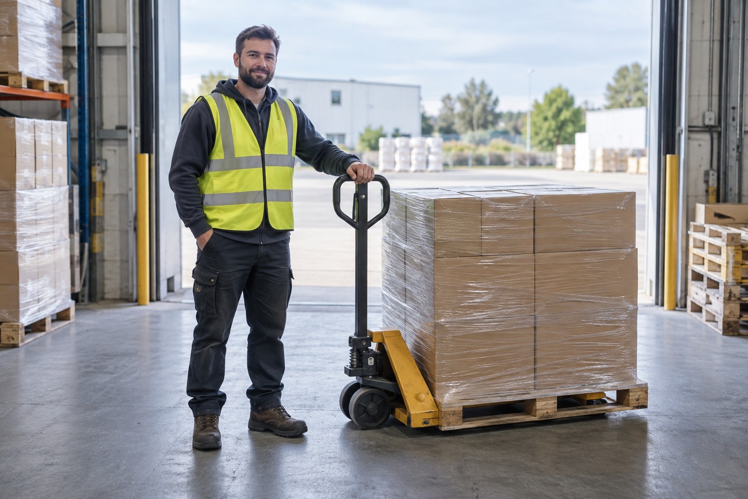 Illustrative full-body warehouse worker beside a manual pallet jack and wrapped pallet