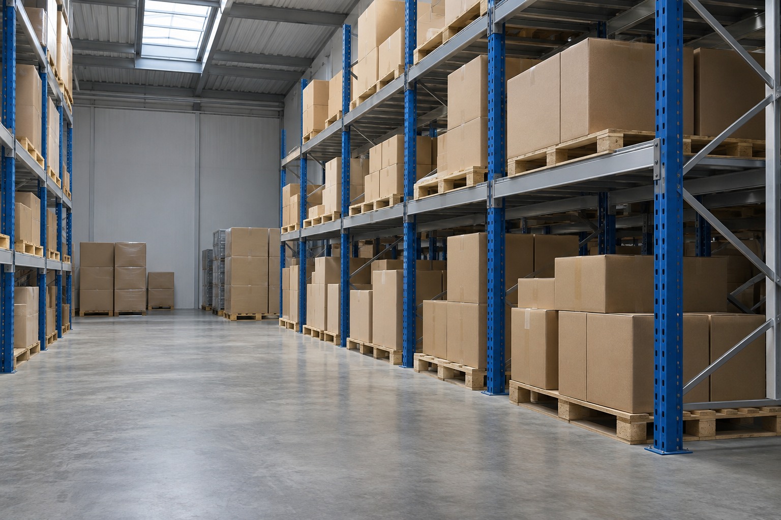 Illustrative warehouse aisle with blue shelving and boxed goods